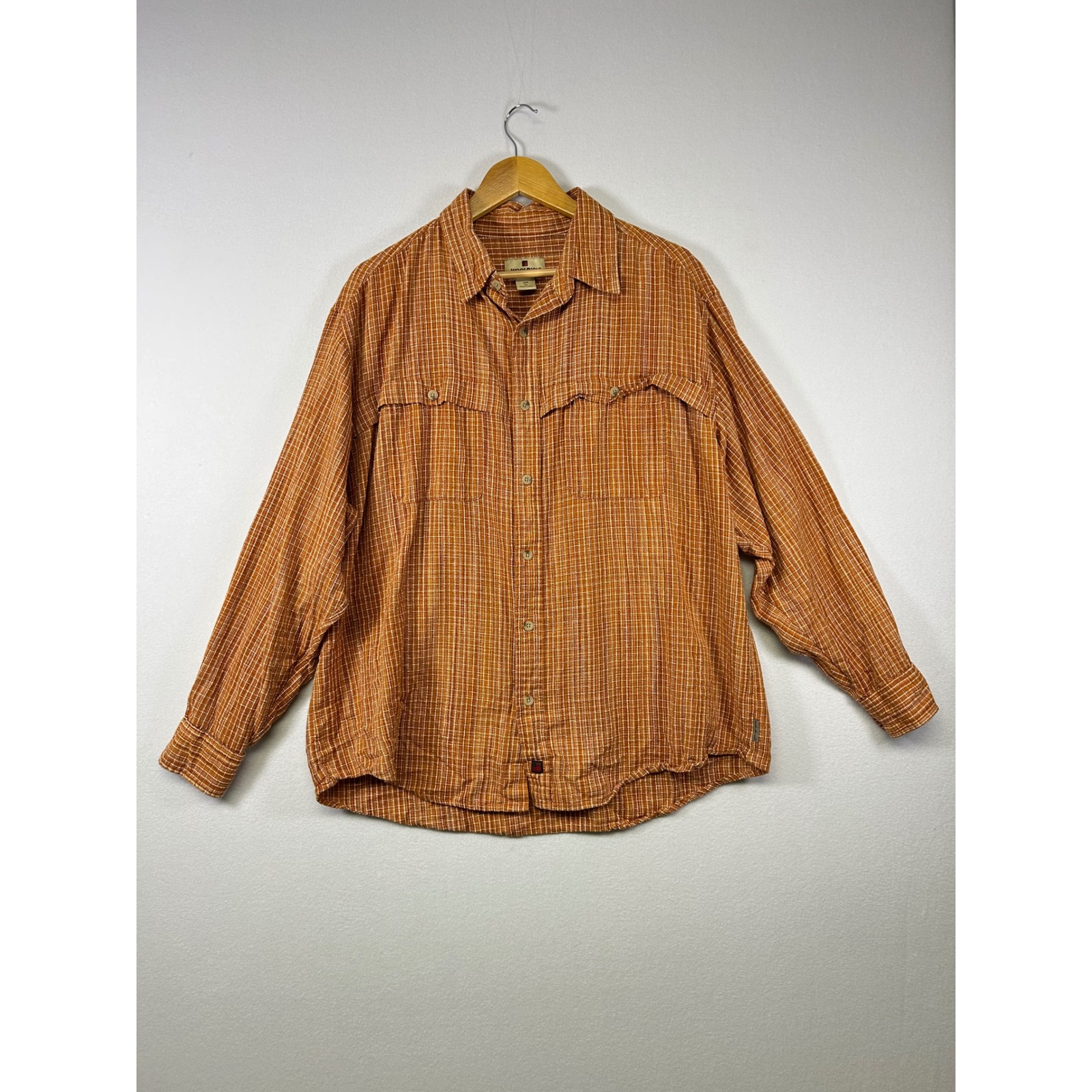Woolrich Button Down Shirt Mens Xl Orange Grid Plaid Long Sleeve Ventilated Back